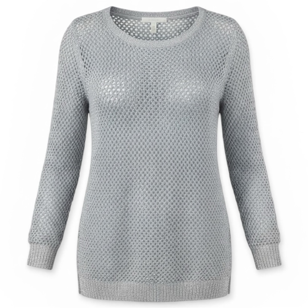 Chico's Metallic Silver Open-Knit Sparkly Silver Gray Sweater Size Medium